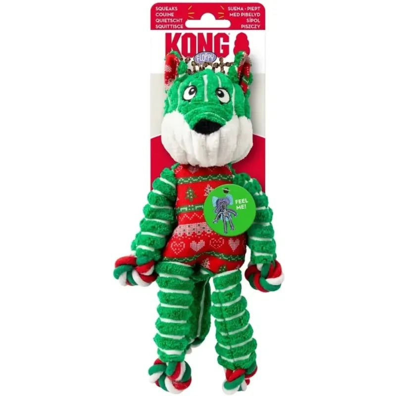 Vue latérale du jouet KONG Holiday Floppy Knots Fox, mettant en valeur le nœud de corde et le tissu 