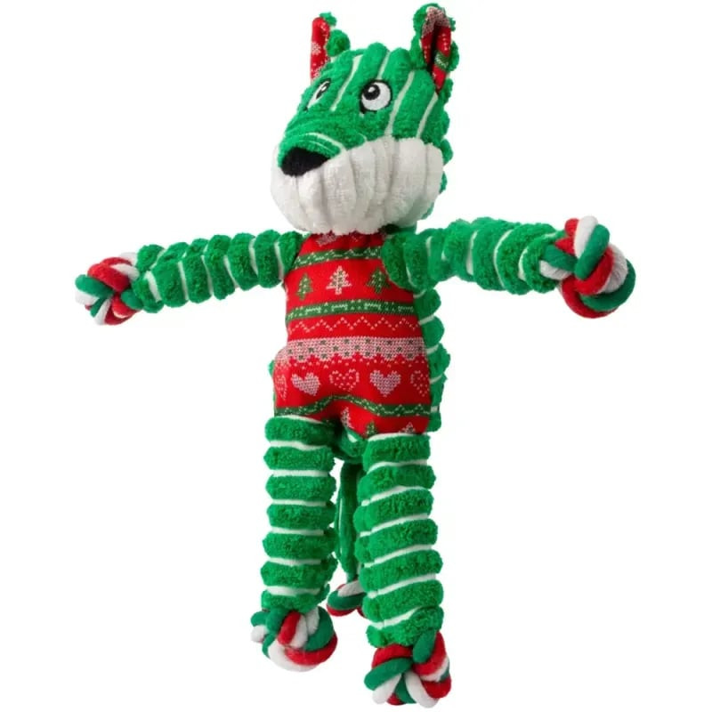 Vue arrière de KONG Holiday Floppy Knots Fox montrant la queue et le détail du nœud de corde.