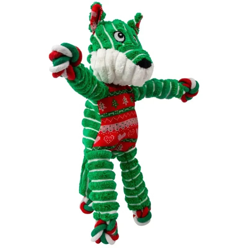 Vue de dessus du jouet KONG Holiday Floppy Knots Fox avec motif de renard de Noël festif et nœud de 