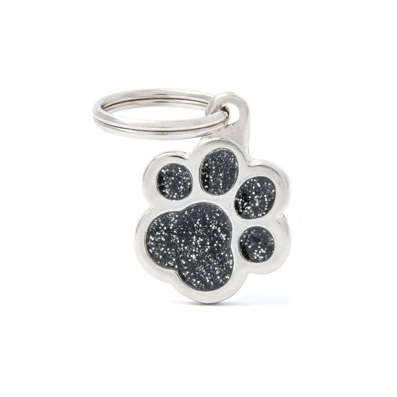 Médaille MyFamily Shine Petite Patte Noire pour chien, surface noire brillante, empreinte pailletée,