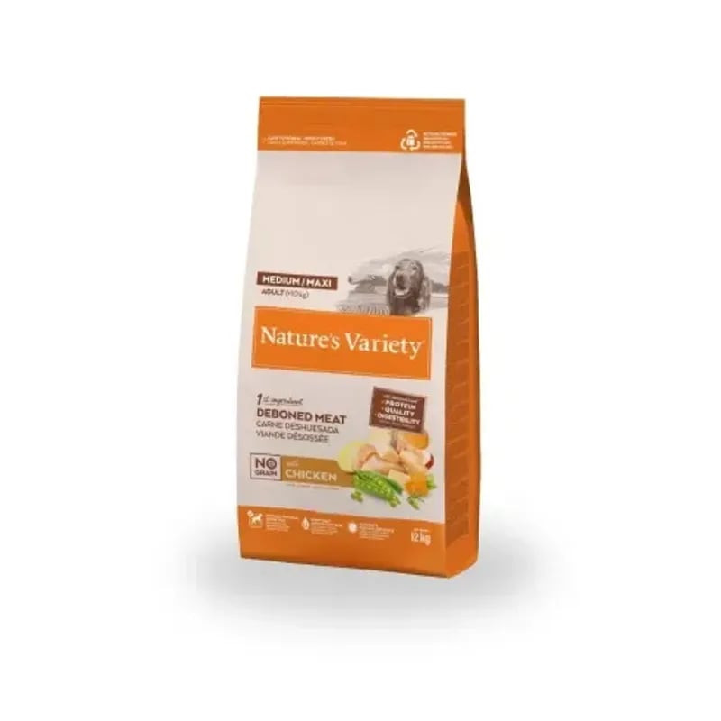 Vue de face du sac de croquettes Nature's Variety No Grain au poulet pour chien adulte, sans céréale