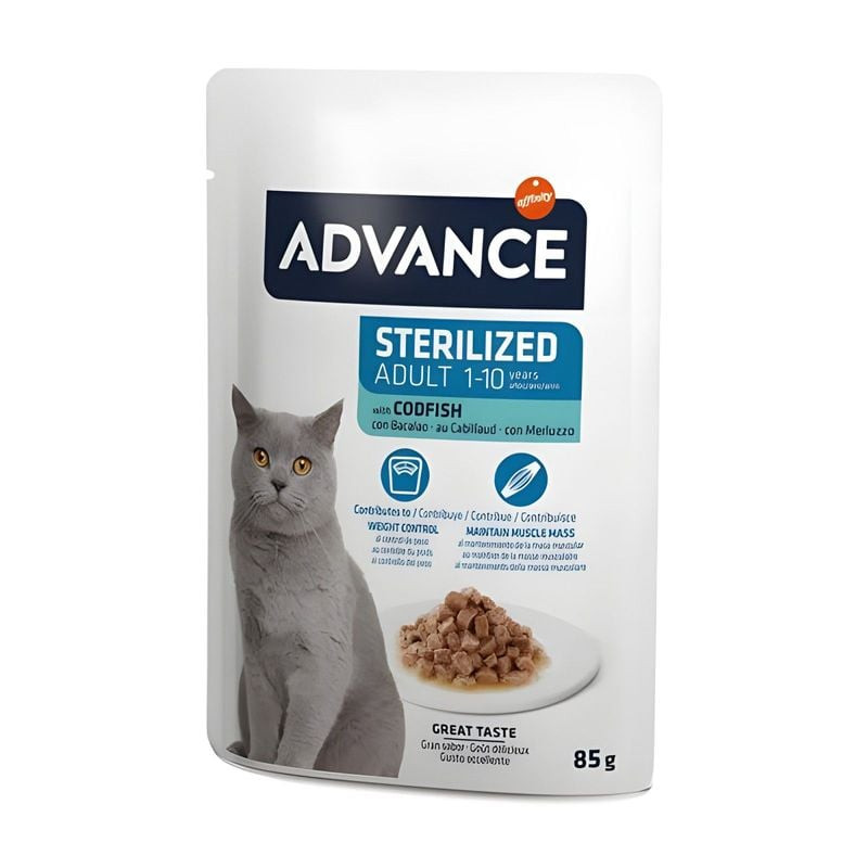 ADVANCE 1918171 pâtée pour chat stérilisé, saveur poisson, en sachet avec un étiquetage bleu et blan