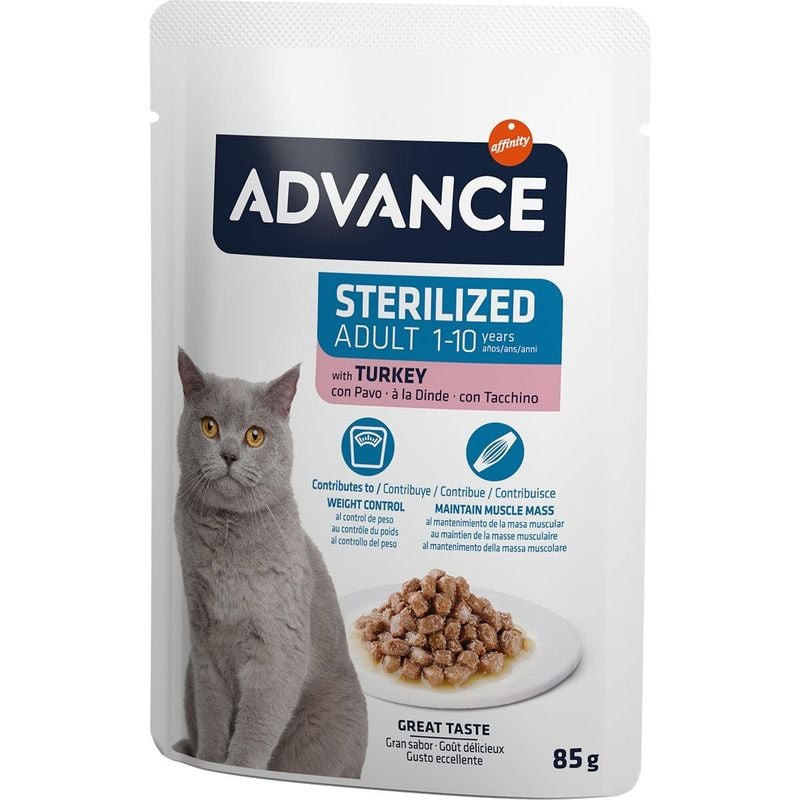 Vue de face du sachet de pâtée pour chat stérilisé Advance 1918170 au goût dinde, format 85g.