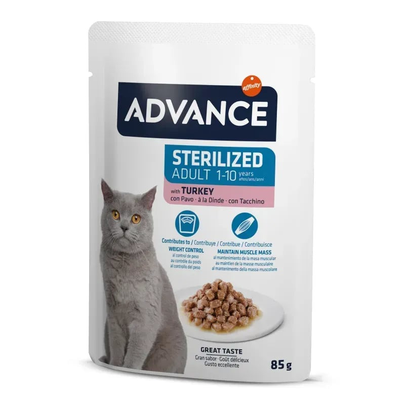 Vue arrière de l'emballage de pâtée pour chat Advance 1918170 montrant les ingrédients et les recomm