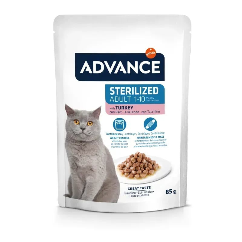 Vue latérale du sachet de pâtée pour chat Advance 1918170, mettant en évidence le poids de 85g et le