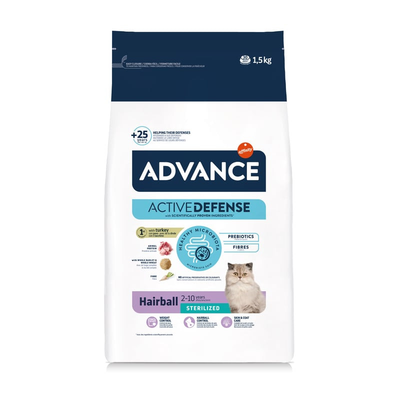 Packshot des croquettes Advance Stérilisé Hairball pour chats adultes stérilisés, montrant le sac av
