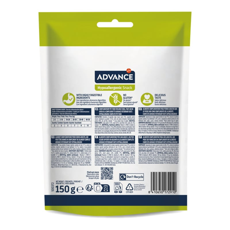 Dos du sachet ADVANCE Snack Hypoallergénique avec infos nutritionnelles et guide d'alimentation.