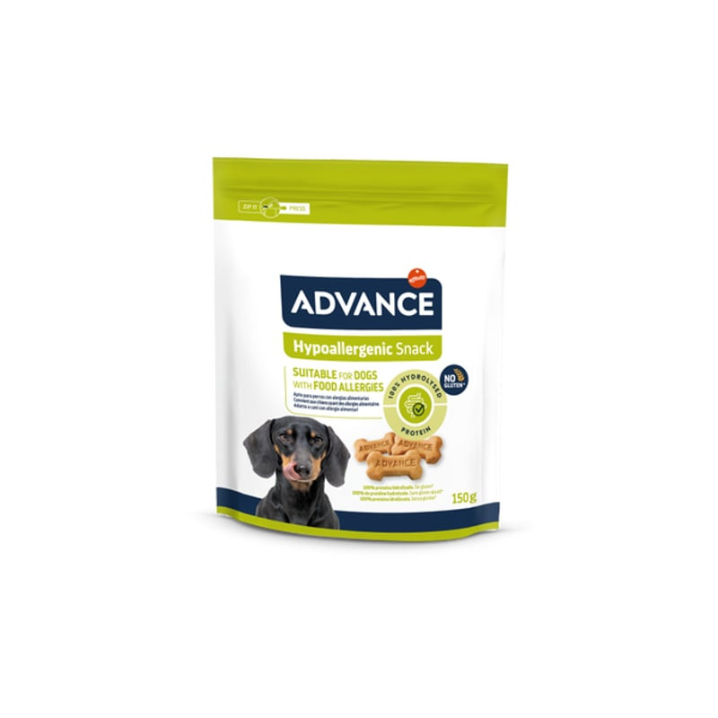 Vue de face du sachet de 150 g de friandises hypoallergéniques ADVANCE avec nom du produit et image 