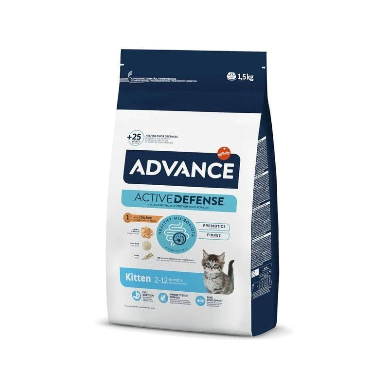 Vue latérale du sac de croquettes pour chaton Advance Poulet & Riz, mettant en avant les principaux 