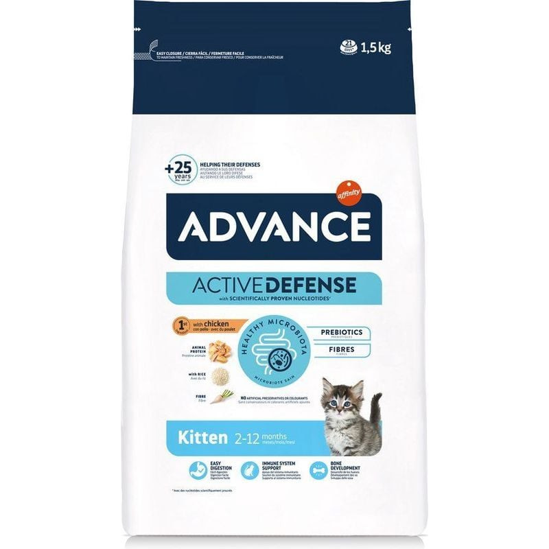 Packshot de l'emballage des croquettes Advance pour chaton au poulet et riz, format 1,5 kg.