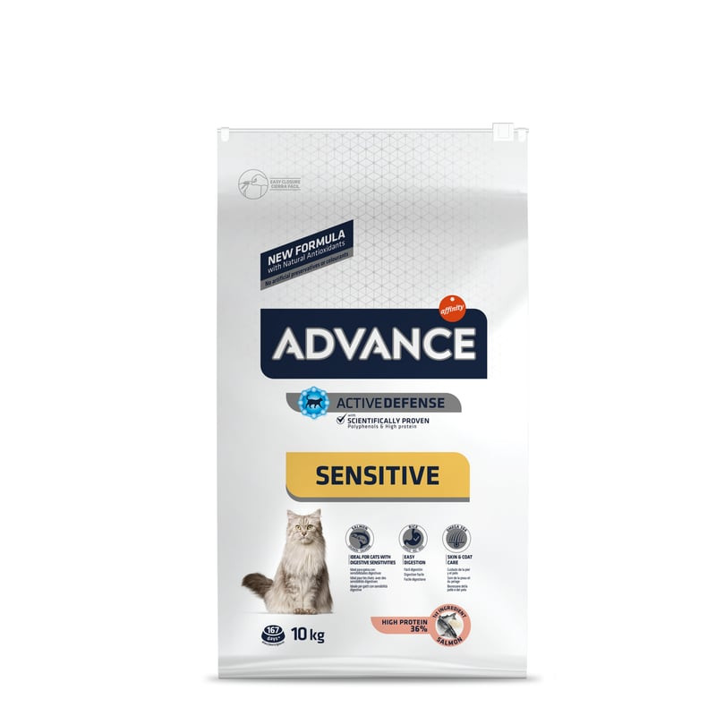 Packshot des croquettes ADVANCE au saumon et riz pour chats adultes ayant des sensibilités digestive