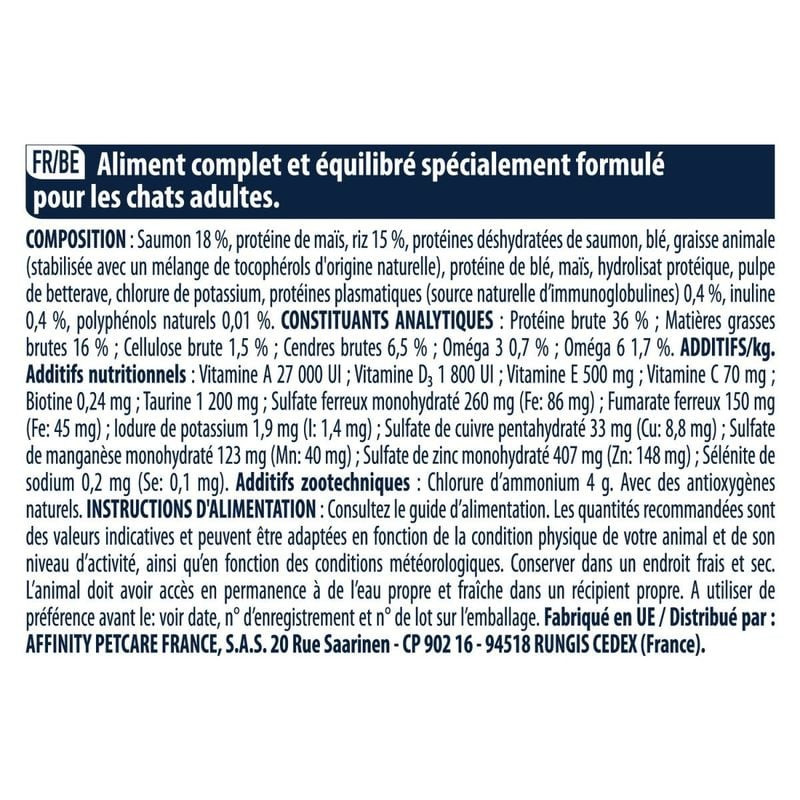 Image détaillée du sac de croquettes pour chat Affinity Advance montrant les ingrédients et l'analys