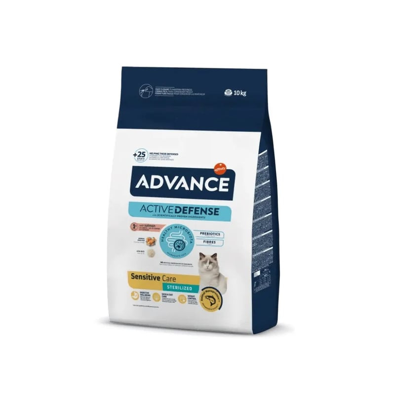 Packshot du sac de croquettes Advance Adult Stérilisé Sensible Saumon, avec recette au saumon pour c