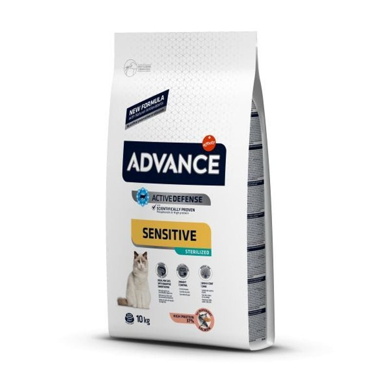 Sac de 10kg de croquettes ADVANCE pour chat stérilisé au saumon, packshot.
