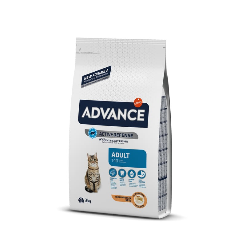 Packshot du sachet de croquettes Advance super premium pour chat adulte au poulet, 3 kg.