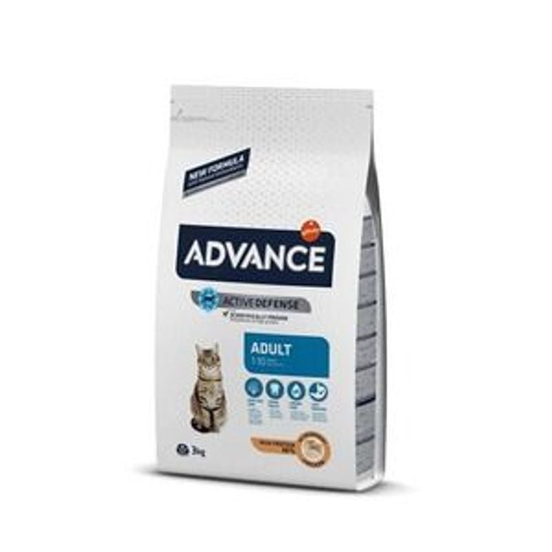 Vue de côté du sac de croquettes pour chat ADVANCE 1918147 avec instructions d'alimentation et avant