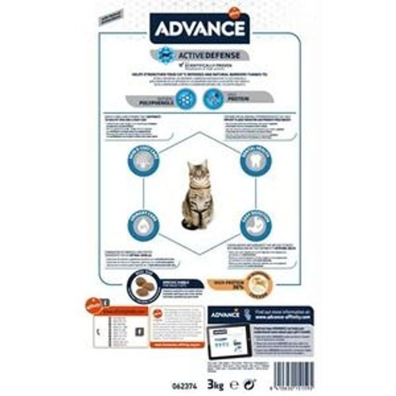 Gros plan du sac de croquettes ADVANCE 1918147 pour chat, formule poulet et riz, nutriments clés