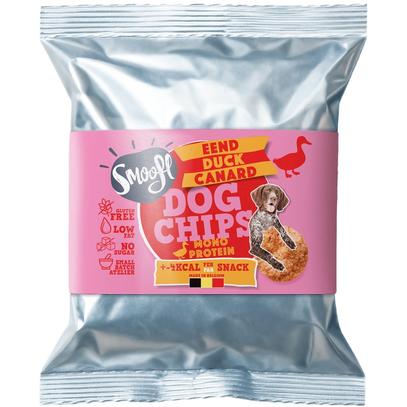 Packshot Smoofl 2065415 vue de face, chips au canard et snacks au riz pour chien