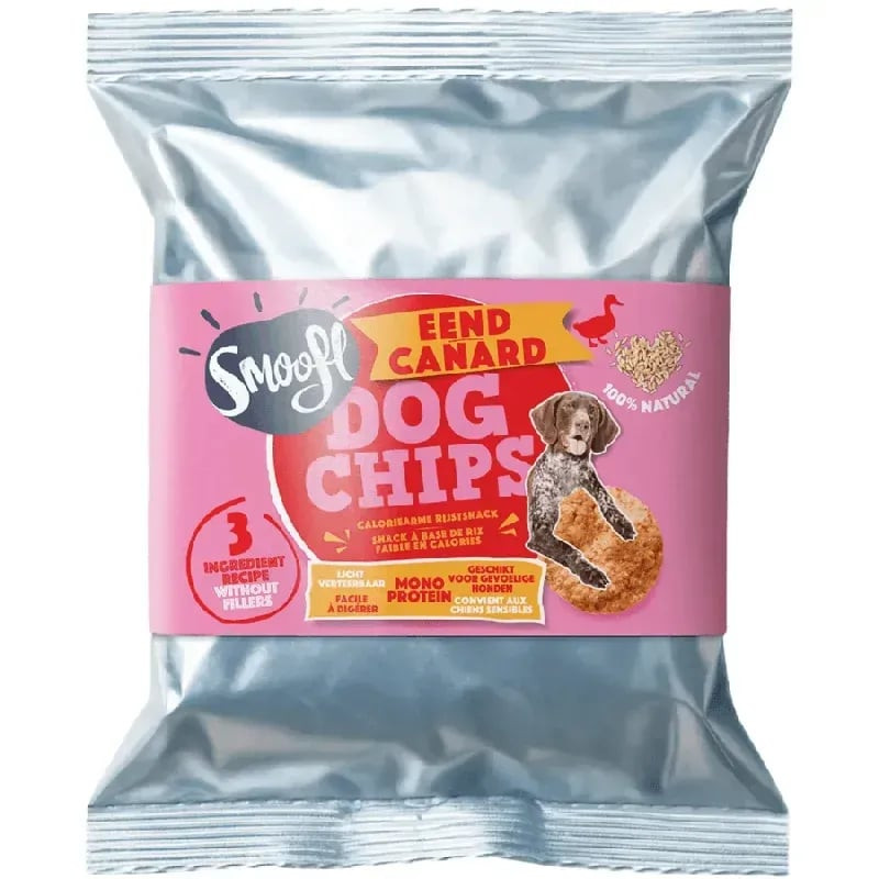 Vue arrière de l'emballage Smoofl 2065415, friandise pour chien, avec détails des ingrédients et ava