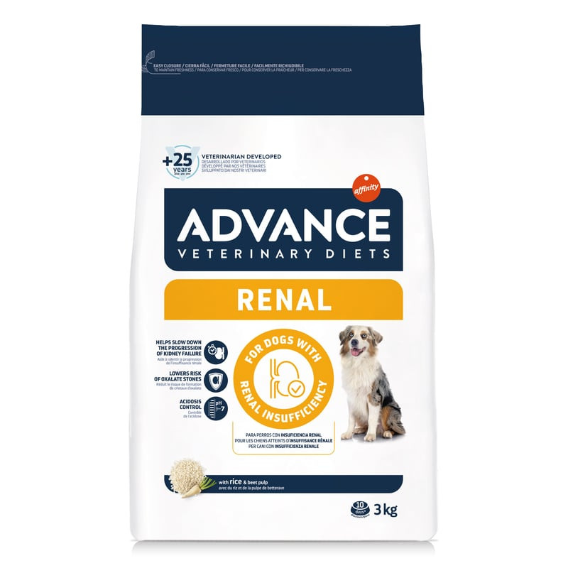 Régime vétérinaire ADVANCE DIETS pour chiens souffrant de problèmes rénaux, vue avant de l'emballage