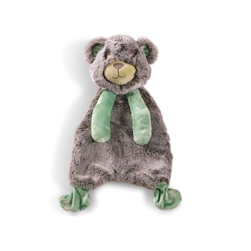 Jouet pour chien peluche ours gris, oreilles et pattes vertes, texture Crinkie douce, 33 cm, fond bl