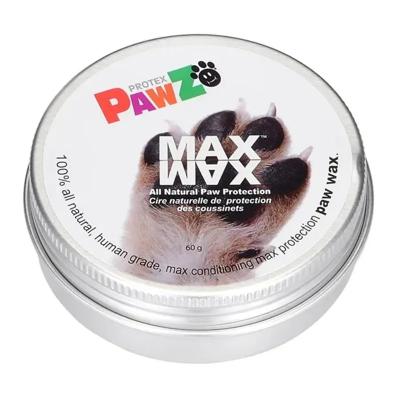 Cire Pawz Maxwax pour pattes de chien en pot de 60g, packshot montrant l'emballage produit.