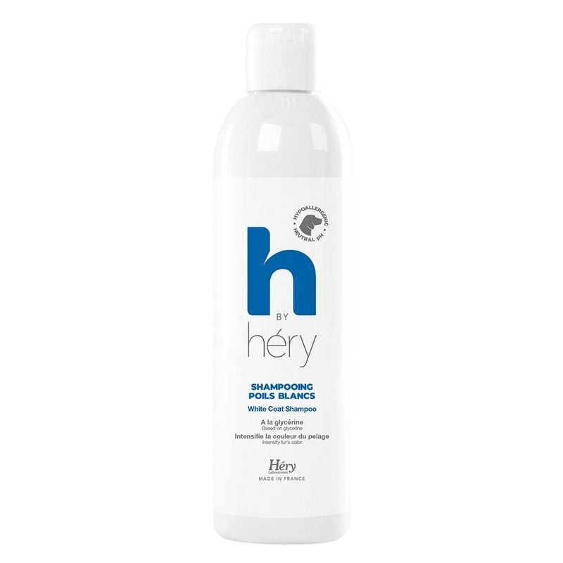 Vue de face du flacon de shampooing Laboratoires Héry 1964194 pour animaux à pelage blanc ou clair, 