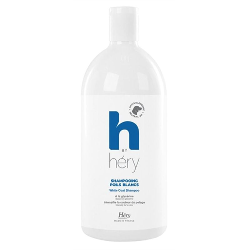Vue latérale du flacon de shampooing Laboratoires Héry 1964194 pour pelage blanc ou clair, montrant 