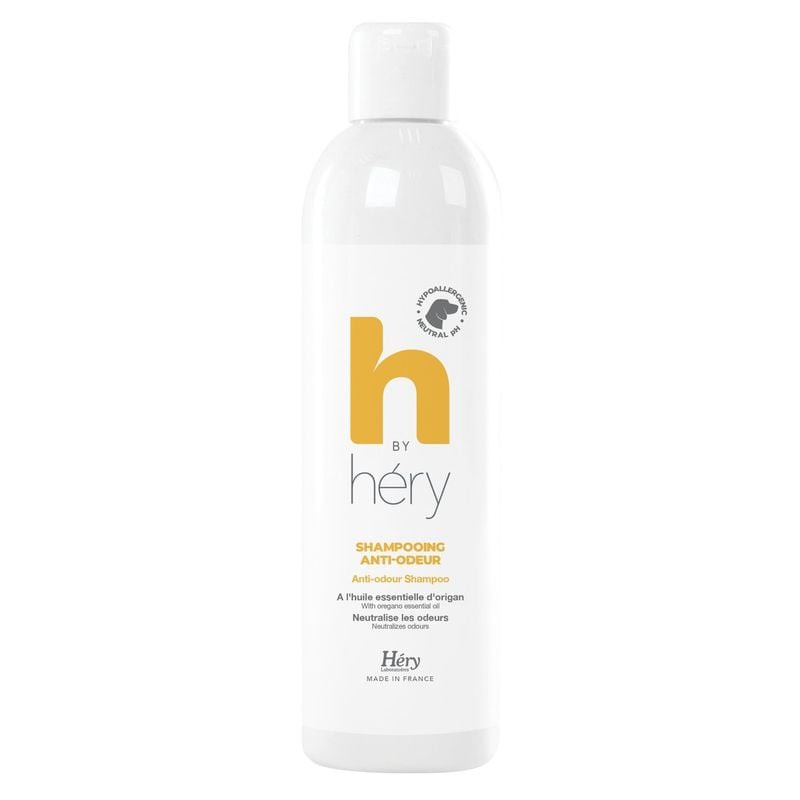 Vue de face du flacon de shampooing anti-odeur Hery 1L pour animaux