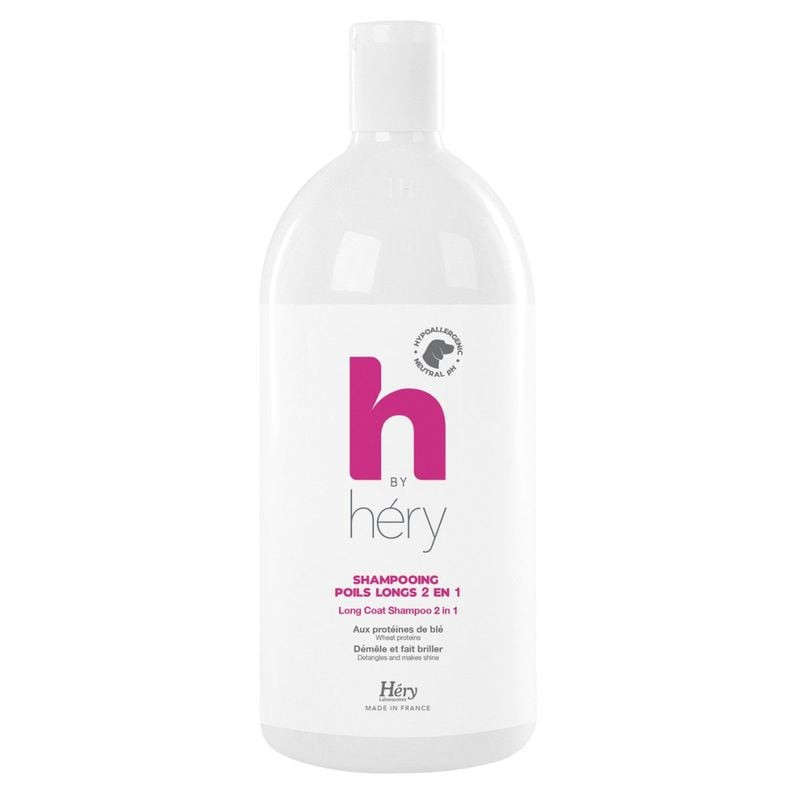 Shampooing 2 en 1 H by Héry pour poils longs, chien et chat, flacon de 1L à la senteur miel