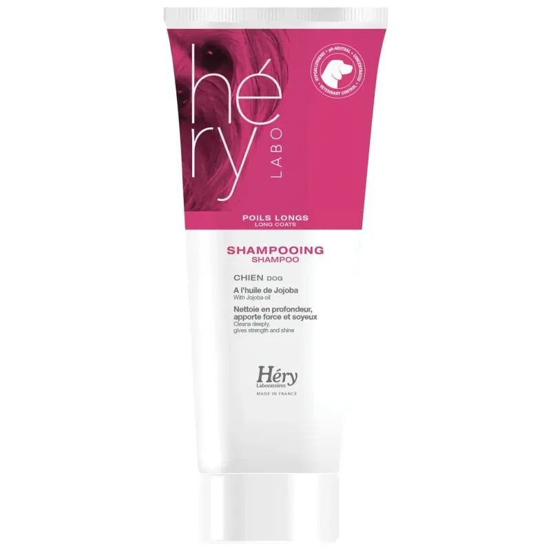 Shampooing HERY poils longs 200ml vue de face, conçu pour chiens et chats à poils longs, à l'huile d