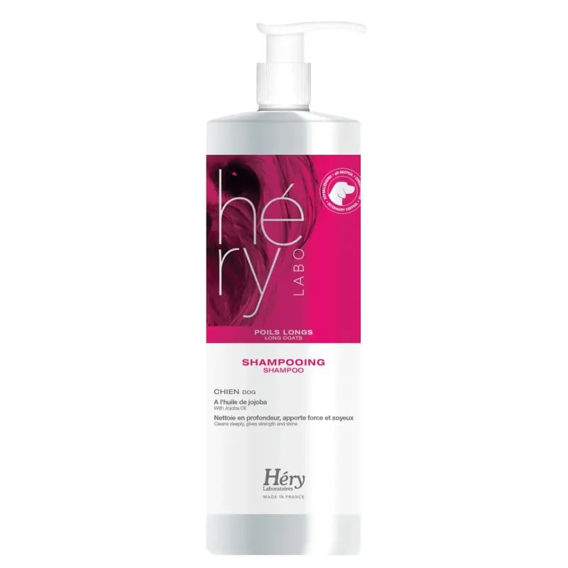 Étiquette arrière du shampooing poil long HERY avec liste d'ingrédients et mode d'emploi.