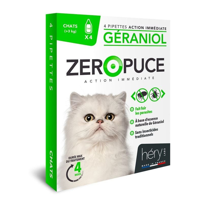 Packshot des pipettes antiparasitaires bio Laboratoires Héry 1964185 pour chat, 4 pipettes au gérani