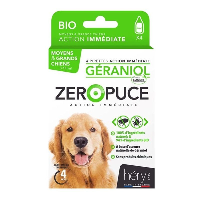 Packshot de la pipette antiparasitaire bio HERY 1964183 pour grand chien, vue de face montrant le no