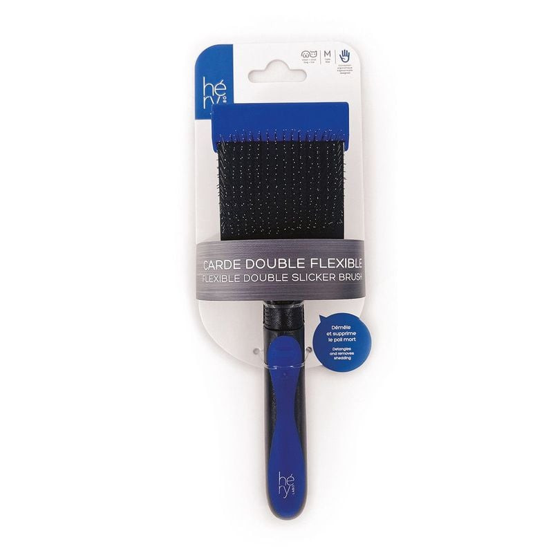 Brosse double face flexible HERY LABO pour animaux, présentant le côté picots souples et la poignée 