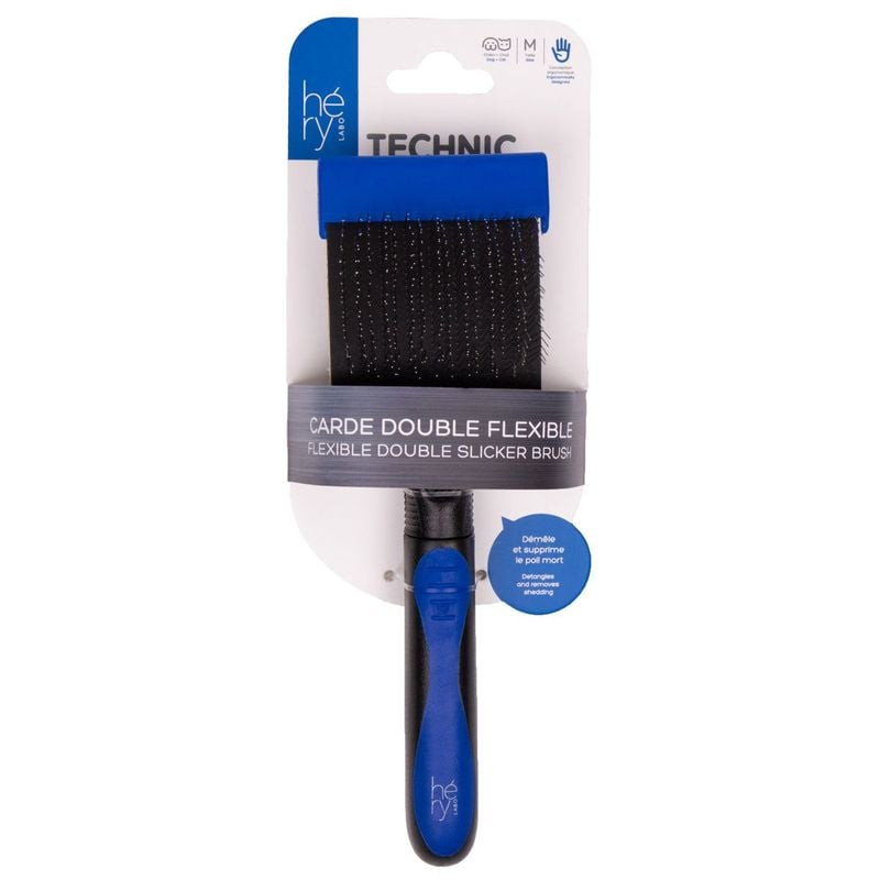 Brosse pour animaux Hery double face flexible montrant le côté picots durs conçu pour démêler et ret