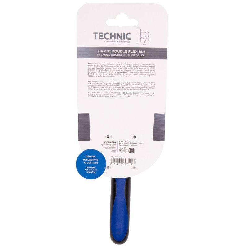 Gros plan de la brosse HERY flexible avec tête flexible et poignée ergonomique, pour chiens et chats