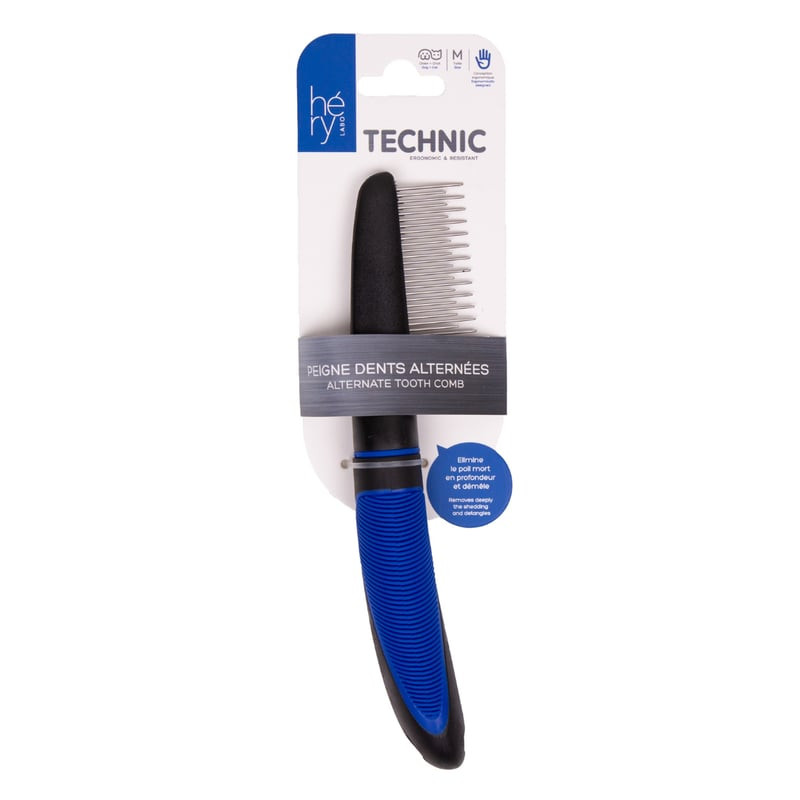 Peigne toilettage Hery taille M à dents alternées pour chien et chat, avec manche en plastique et de