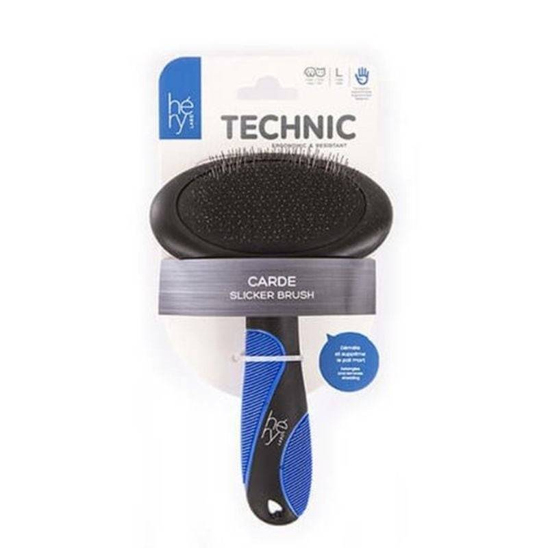 Brosse de toilettage grande taille HERY La Carde Hery (L) à picots courbés et poignée antidérapante.