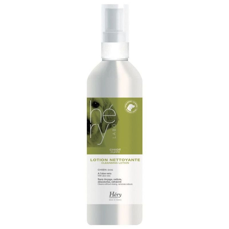 Packshot de la lotion nettoyante sans rinçage HERY pour chiots à l'Aloe vera, montrant l'étiquette a