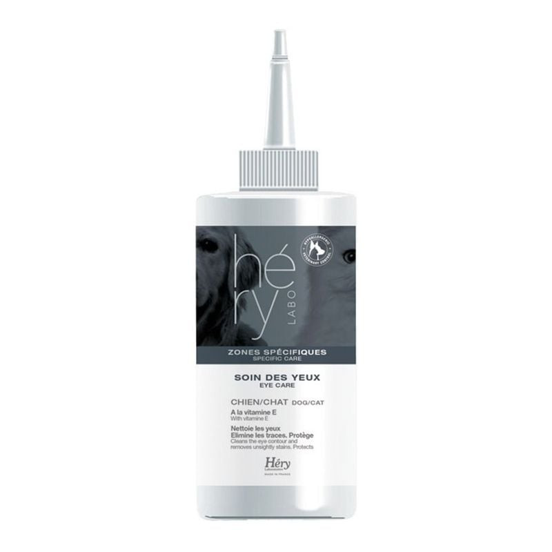 Packshot du gel soin des yeux Hery, nettoyant doux pour chiens et chats, vue de face avec extraits d