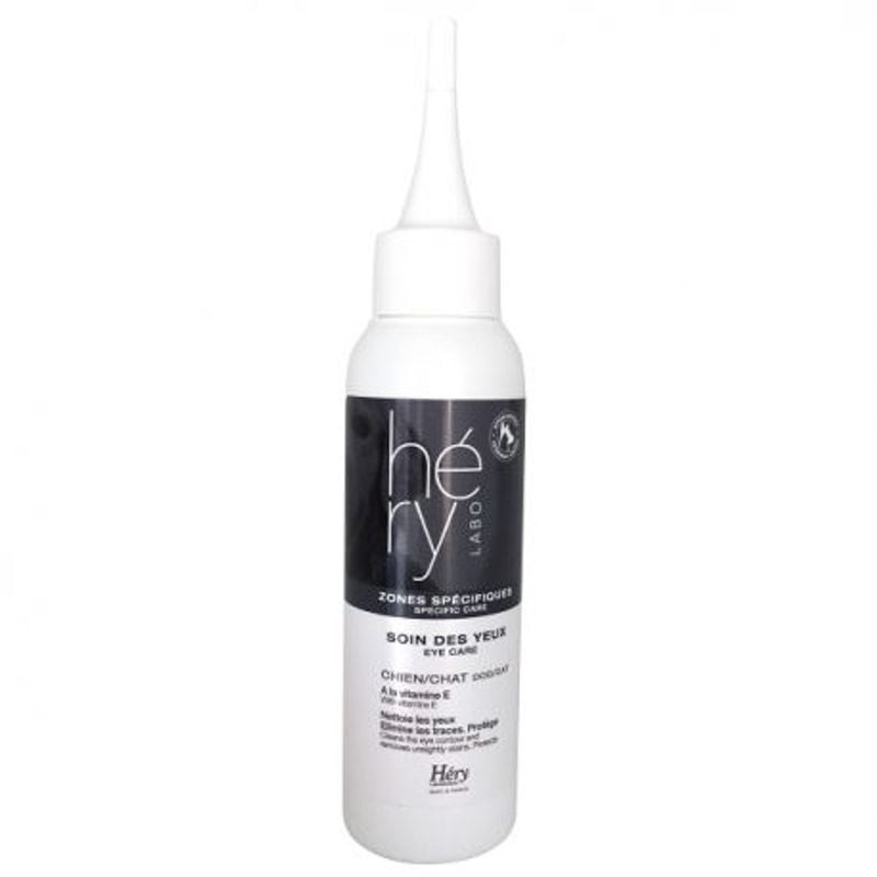 Packshot du gel oculaire Hery en vue inclinée, avec étiquette et ingrédients naturels pour l'hygiène