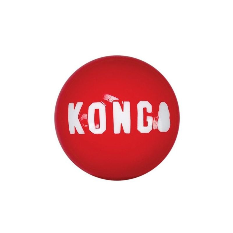 Gros plan de la balle KONG Signature L montrant le logo KONG et la texture en caoutchouc de qualité 