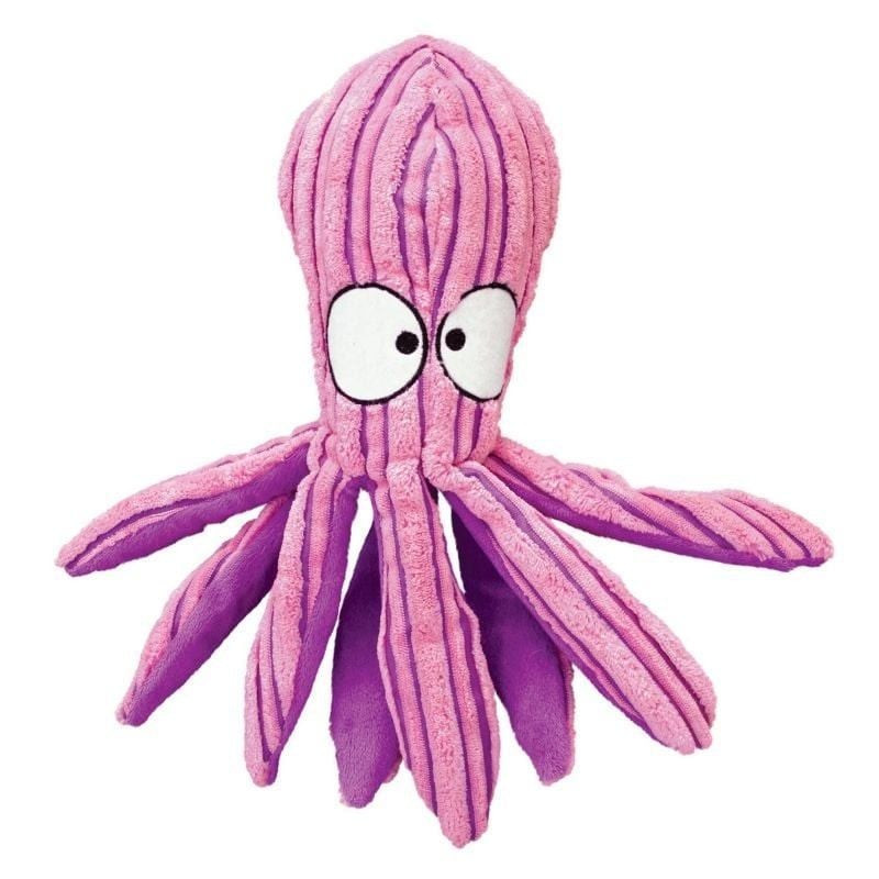 Jouet pour chien KONG Cuteseas Octopus en corduroy bleu, vue de face avec tentacules douces et couin