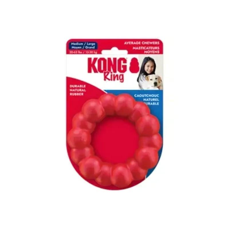 Autre vue de l'anneau KONG en caoutchouc rouge pour chien sur fond blanc