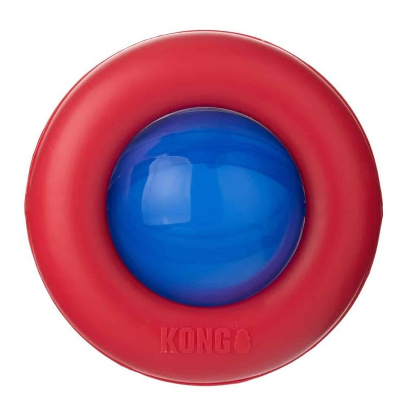 Vue latérale du jouet distributeur de friandises KONG Gyro L montrant le globe rotatif et l'anneau e