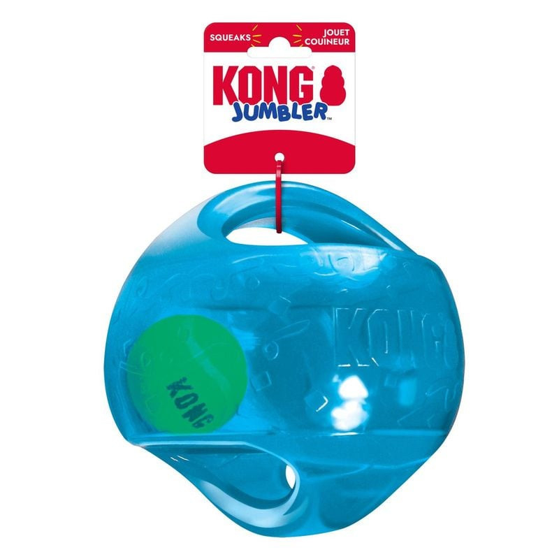 Jouet pour chien KONG Jumbler Ball avec poignées et balle de tennis à l'intérieur, présenté en vue p