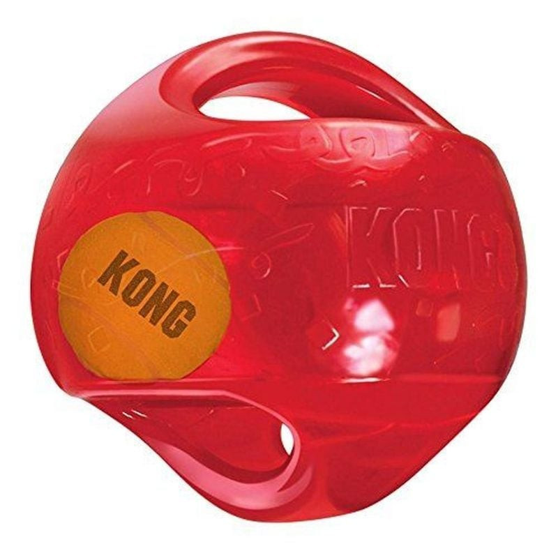 Vue latérale de la KONG Jumbler Ball montrant le design deux-en-un et la balle de tennis à l'intérie