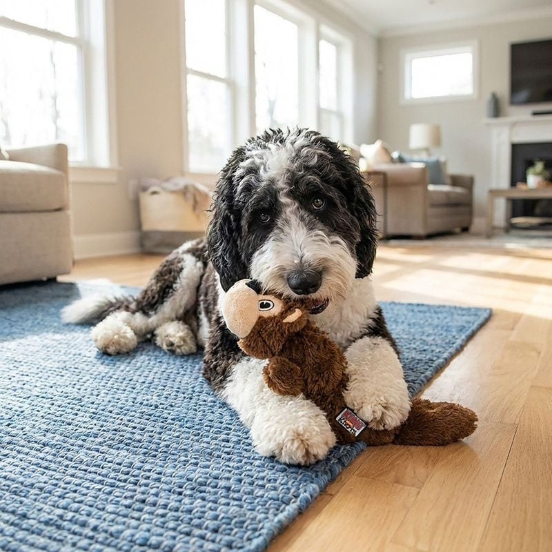 Jouet en peluche KONG Scrunch Knots Squirrel posé sur un plancher en bois, ambiance montrant sa form