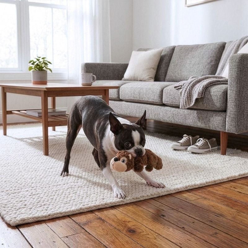 Chien heureux tenant le jouet KONG Scrunch Knots Squirrel dans la gueule